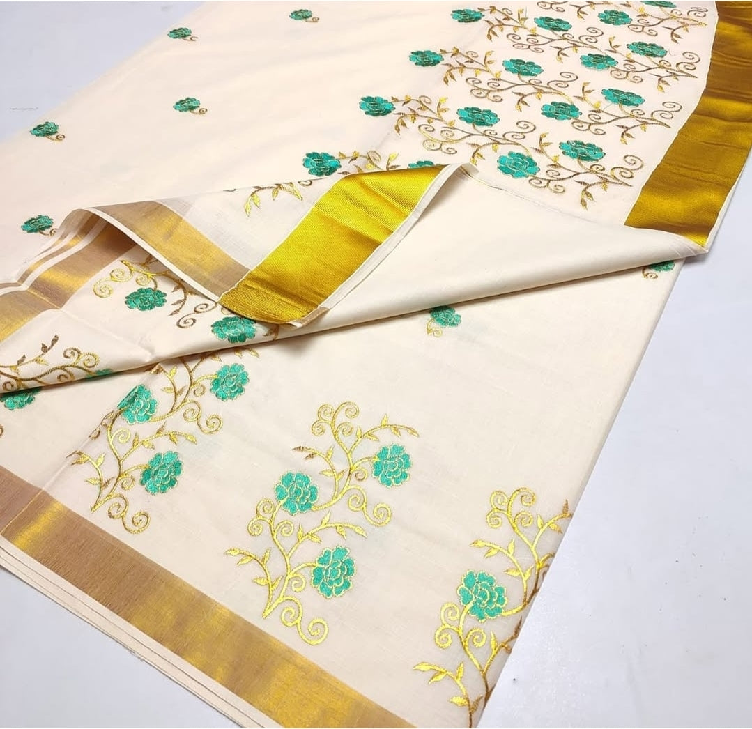 Kerala cotton saree with embroidery