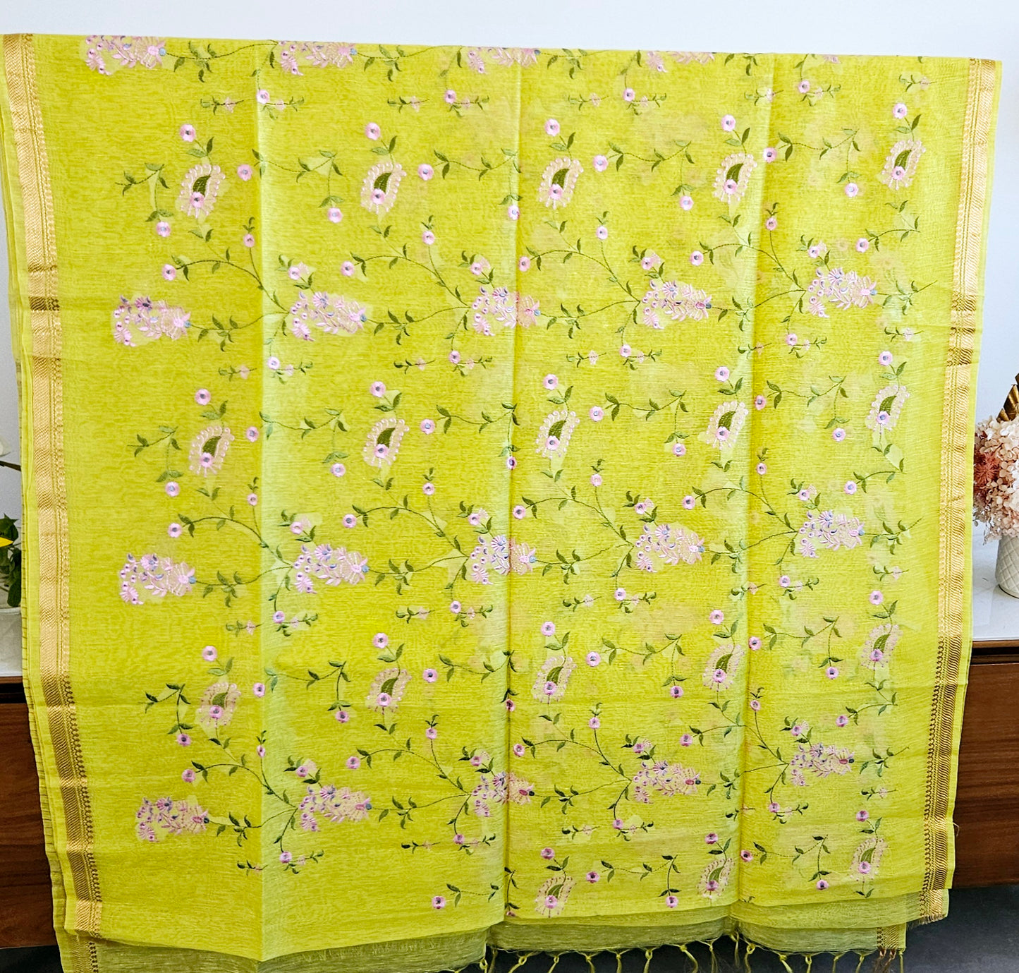 Silk linen with embroidery saree