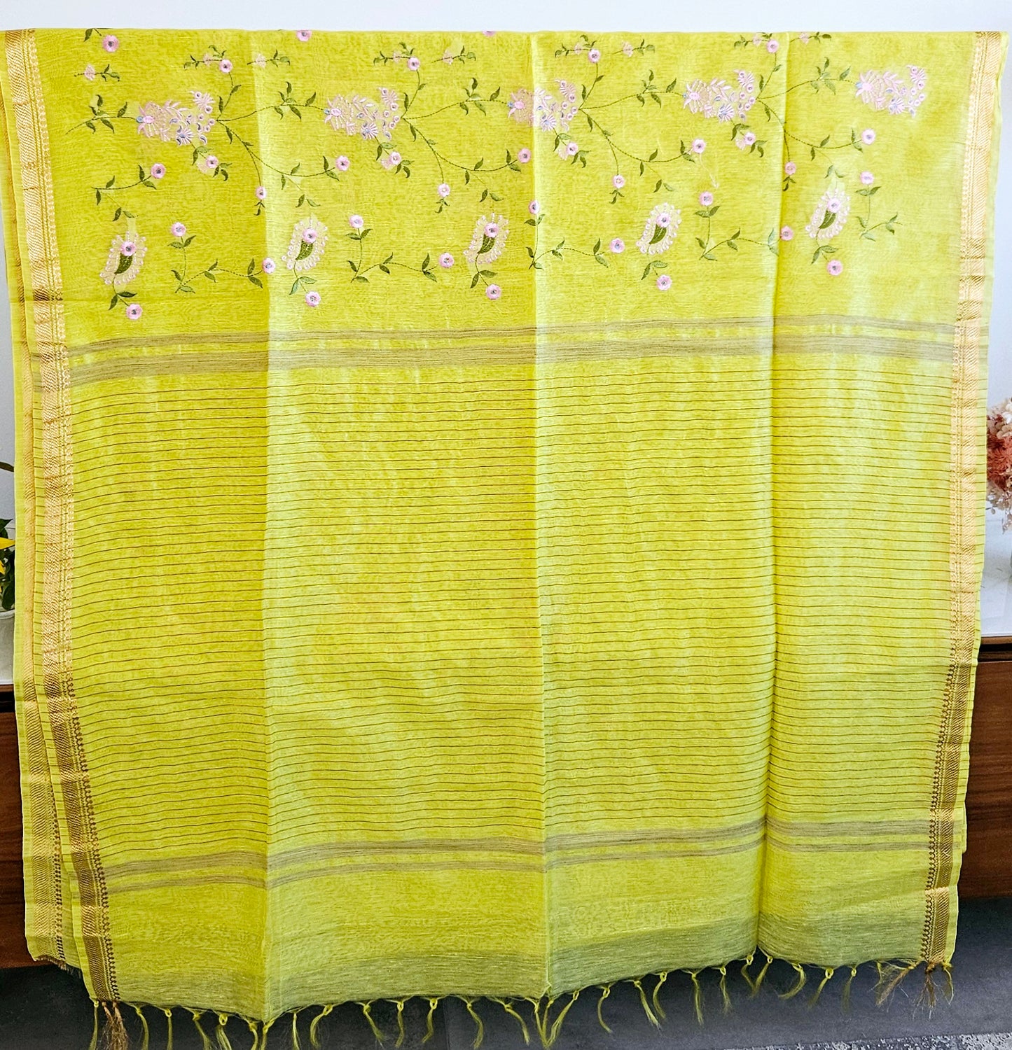 Silk linen with embroidery saree