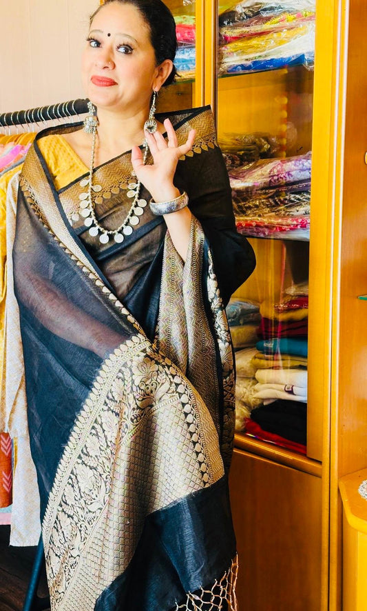 Silk linen Saree with Banarasi borders