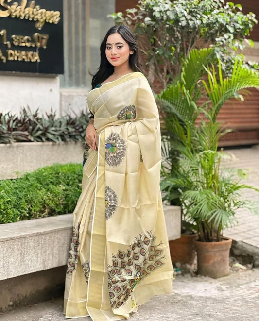 Kerala kasavu saree with digital prints